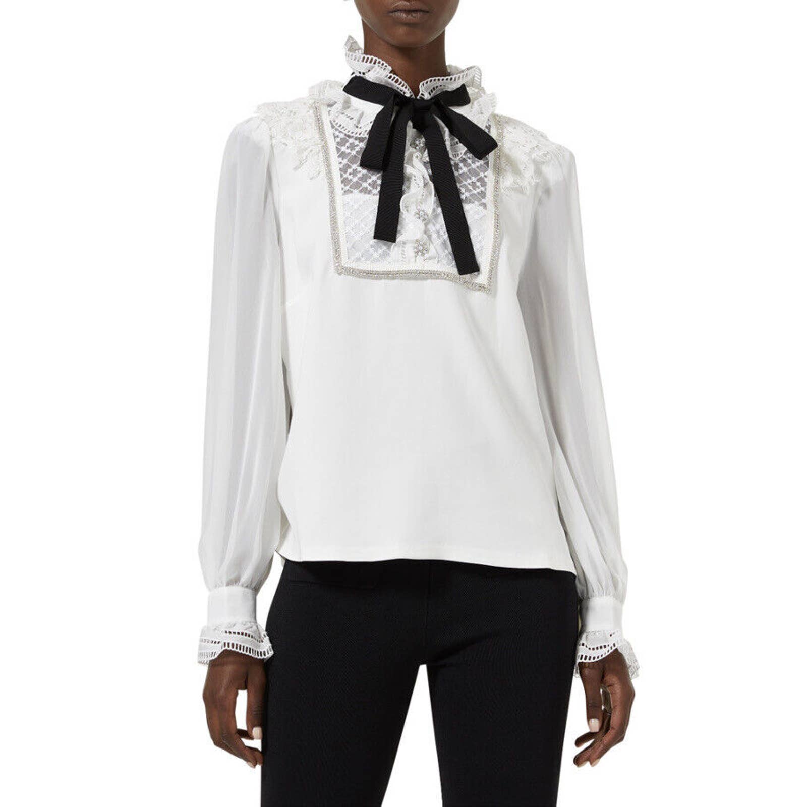 Self-Portrait White Frill Collar Bow Accent Blouse Top Shirt Us 4